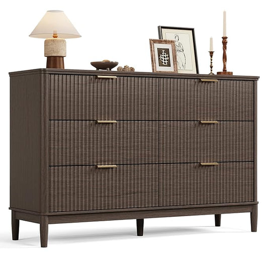 LINSY Fluted Dresser for Bedroom with 6 Drawers, Mid Century Modern Chest of Drawers with Gold Metal Handles, Wide Boho Wood Dressers, Large Farmhouse Storage Cabinet for Bedroom, Living Room, Walnut