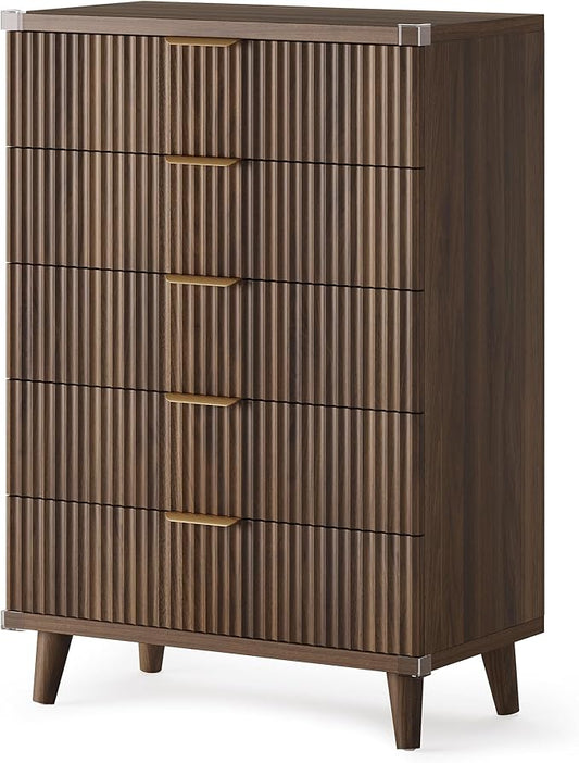 Lulive White Dresser for Bedroom Wood Tall Dressers Drawers, Fluted Modern Dresser 5 Drawers Walnut