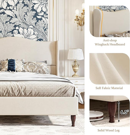 koorlian Full Size Bed Frame Upholstered Platform Bed with 51" Tall Headboard Wingback, Soft Fabric, Retro Simple Style Platform Bed No Box Spring Needed, Easy Assembly, Beige