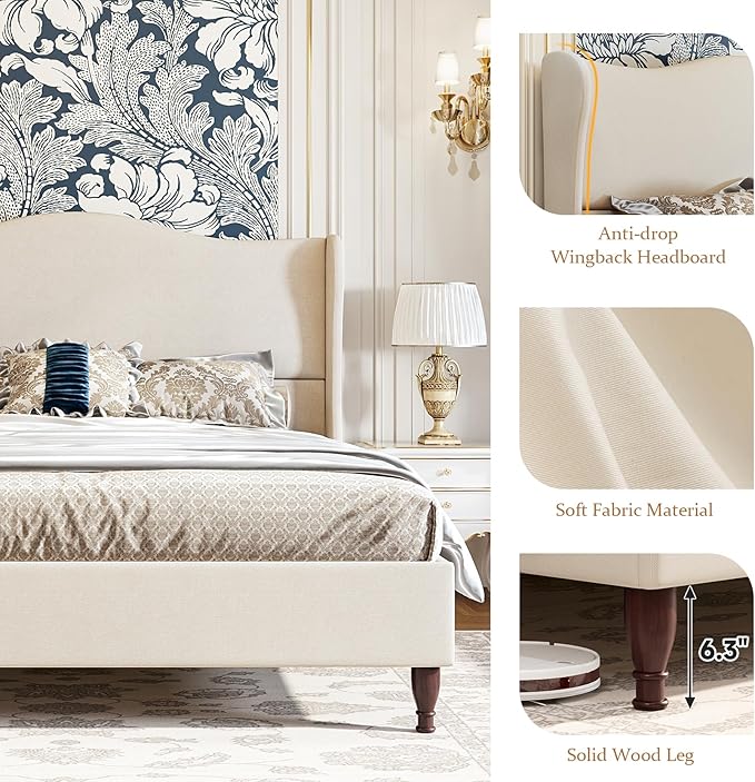koorlian King Size Bed Frame Upholstered Platform Bed with 51" Tall Headboard Wingback, Soft Fabric, Retro Simple Style Platform Bed No Box Spring Needed, Easy Assembly, Beige