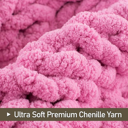 Chunky Knit Throw Blanket 60"X 80", 100% Handmade with Soft Chenille Yarn, 4.4lbs Thick Cable Knitted Blankets, Large Rope Knot Crochet Throws for Couch Sofa Bed Home Decor, Hot Pink