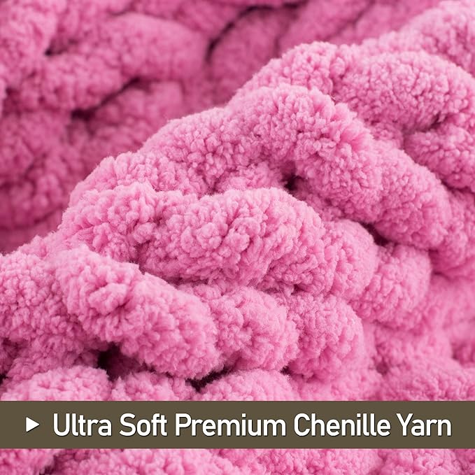 Chunky Knit Throw Blanket 50"X 60", 100% Handmade with Soft Chenille Yarn, 4.4lbs Thick Cable Knitted Blankets, Large Rope Knot Crochet Throws for Couch Sofa Bed Home Decor, Hot Pink
