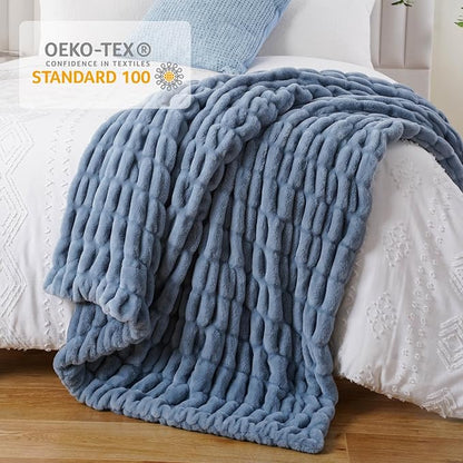 BATTILO HOME Faux Fur Throw Blanket for Couch, Super Soft Cozy Blanket, Double Sided Ruched Rabbit Faux Fur Blanket for Bed, Living Room, 50"x60", Bluish Grey