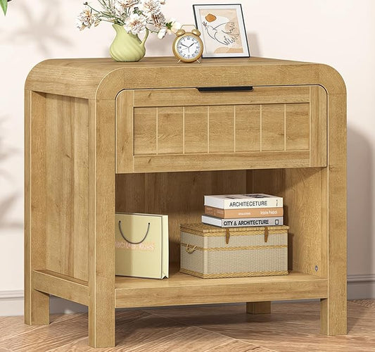 IKENO Wood Nightstand with Storage Drawer, 21" Wide Night Stand with Curved Profile Design, Bedside End Table for Bedroom, Living Room, Closet (1, Natural Oak, 1 Drawer)