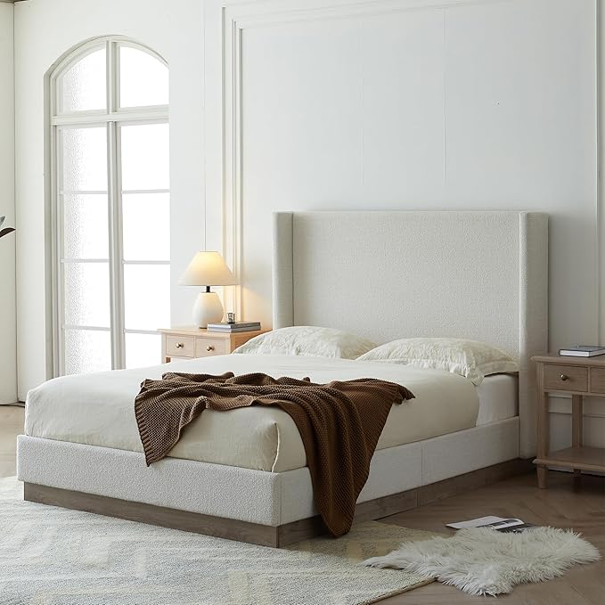 King Size Upholstered Platform Bed Frame, 53.1" Tall Headboard Hosford Wingback Bedframes, Wood Base Floor Beds, No Box Spring Needed, No Noise, Minimalist, Cream White Boucle