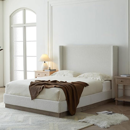 King Size Upholstered Platform Bed Frame, 53.1" Tall Headboard Hosford Wingback Bedframes, Wood Base Floor Beds, No Box Spring Needed, No Noise, Minimalist, Cream White Boucle