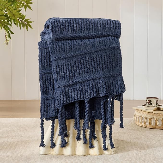 Boho Knitted Chenille Blanket with Tassels - Lightweight & Soft All-Season Throw - 3D Classic Pattern for Living Room Bedroom Couch, Royal Blue, Queen 90"x90"