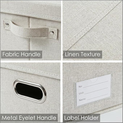PRANDOM Storage Bins with Lids [3-Pack] Linen Fabric Foldable Storage Boxes Organizer Containers Baskets Cube with Cover Beige (23.4X15.9X11.4)