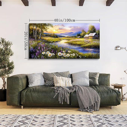 SERIMINO Large Wall Art Prints, Rural Landscape Wall Decor, Meadow Wildflower Canvas Painting, River Cottage Pictures Home Decor Living Room Bedroom, Green Scenery Farmhouse Decor Artwork 20"X40"