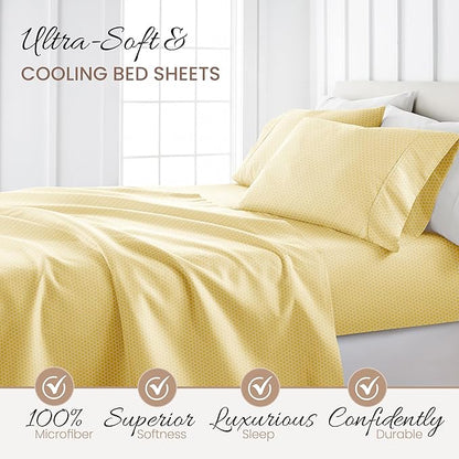 Linen Market Patterned Microfiber Full Sheet Set 4 Piece – Oeko-TEX Certified Ultra Soft & Wrinkle-Free - 16" Deep Pocket Sheets - Easy Care Full Size - Honeycomb Yellow