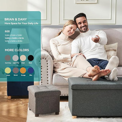 BRIAN & DANY Ottoman with Storage, Small Storage Ottoman for Dorm, Linen Folding Ottoman Foot Stool with Legs for Living Room and Bedroom, 14.8"x14.8"x16.1" - Blue