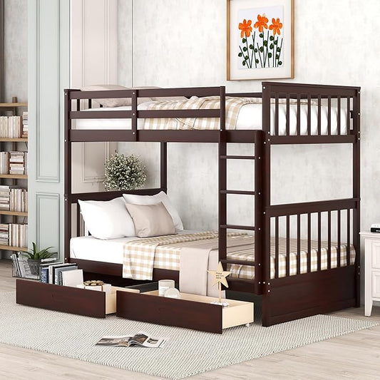 Merax Wood Bunk Bed with Drawers,Convertible Wood Bunk Bed with Ladders and Two Storage Drawers,Solid Wood Detachable Bed Frame with Ladders,Twin Over Twin Size,Espresso