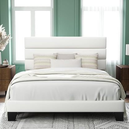 Allewie Full Size Platform Bed Frame with Velvet Upholstered Headboard and Wooden Slats Support, Fully Upholstered Mattress Foundation/No Box Spring Needed/Easy Assembly, White