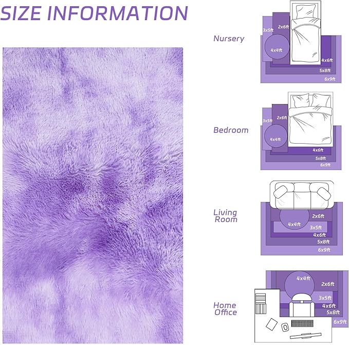 duduta Purple Plush Rugs for Bedroom 3x5 ft, Tie Dye Fluffy Shag Rug for Dorm Nursery Bedside, Machine Washable Non Slip