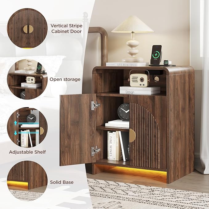 Nightstand with Charging Station and LED Lights, Night Stands with Adjustable Storage Cabinet, Modern Side Table with Fluted Doors and Open Storage, Bedside Table for Bedroom, Walnut