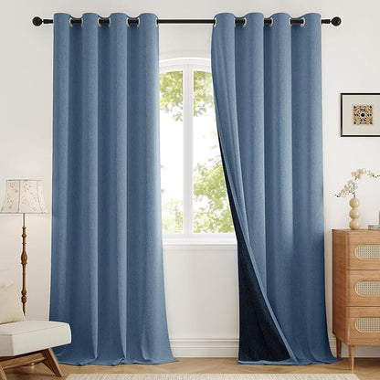 100% Blackout Curtains 108 inch Length 2 Panels for Living Room, Linen-Look Textured Room Darkening Thermal Insulated Soundproof Farmhouse Drapes for Bedroom (W52xL108, Blue)