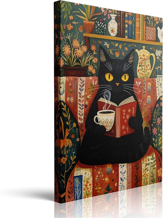 Pveror Reading Black Cat Canvas Wall Art Whimsical Animal Illustration Cozy Coffee Book Scene Vintage Folk Art Style Cottagecore Home Decor For Living Room Bedroom Study Library Gift 16x24 Inches