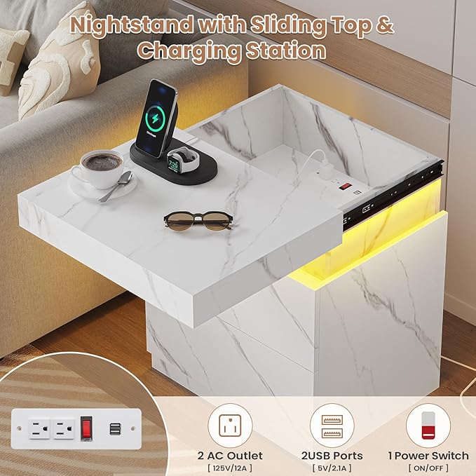 ADORNEVE Nightstand with Charging Station and LED Lights,Night Stand with Sliding Top,Bedside Table with 2 Drawers,Modern End Side Table for Bedroom,White Marble
