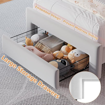 Velvet Upholstered Twin LED Bed Frame with Storage Drawer and Adjustable Double Wavy Headboard, Princess Platform Bed for Kids/Girls/Boys, Solid Wood Slats Support,No Box Spring Needed,Grey