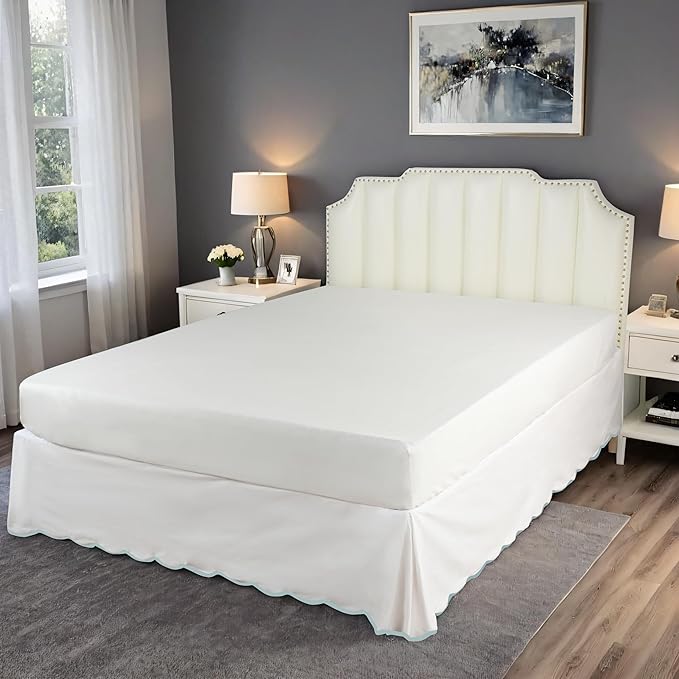 HIG Off-White Chic Twin XL Bed Skirt - Easy Fit Scallop Edge Pleated Bedskirts, 14 Inch Drop Anti-Slip Dust Ruffle, Thick Fabric for Enhanced Privacy, Pre-Washed for Long-Lasting Use(N60022)