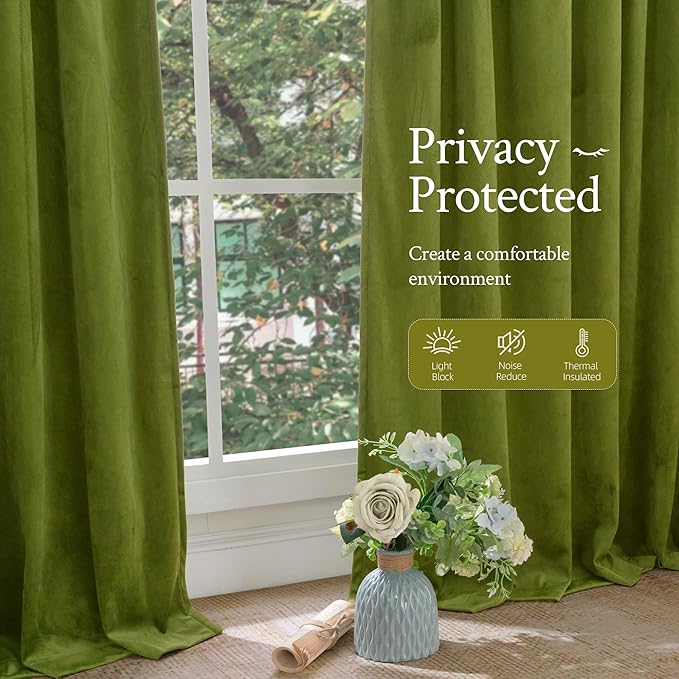 LAMIT Velvet Curtains 90 Inch Length for Living Room, Vintage Thermal Insulated Room Darkening Drapes Super Soft Back Tab and Rod Pocket Window Panels for Bedroom, 2 Panels, Moss Green, 52 x 90 Inch