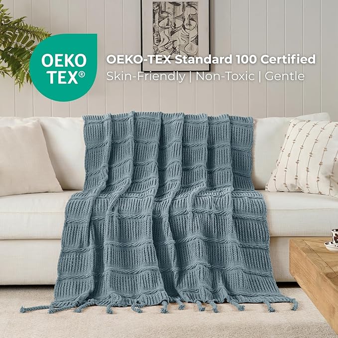 Boho Knitted Chenille Blanket with Tassels - Lightweight & Soft All-Season Throw - 3D Classic Pattern for Living Room Bedroom Couch, Celestial Blue, Twin 60"x80"