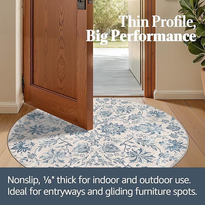 jinchan Torino Classic Floral Round Rug 4ft, Vintage-Inspired Design 4’Circle Rug, Machine Washable Ultra-Thin Low-Pile Non-Slip Indoor Carpet for Bedroom Dining Room Living Room Entryway Dark Blue