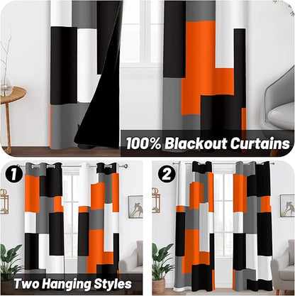 Orange 100% Blackout Curtains for Bedroom 72 inch Length 2 Panels Set White Grey Modern Abstract Geometric Black Out Curtains Insulated Room Darkening Window Drapes for Living Room, 42Wx72L