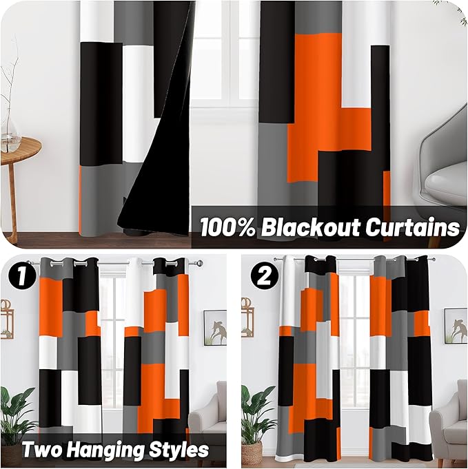 Orange 100% Blackout Curtains for Bedroom 84 inch Length 2 Panels Set White Grey Modern Abstract Geometric Black Out Curtains Insulated Room Darkening Window Drapes for Living Room, 42Wx84L