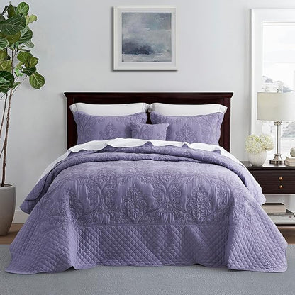 CHIXIN Bedspread Coverlet Quilt Set Full Size - Lightweight Bedding Cover - Beautiful Stitching - 5 Piece Reversible Bedspread - Luxury Damask Paisley Pattern (Full, Lavender)