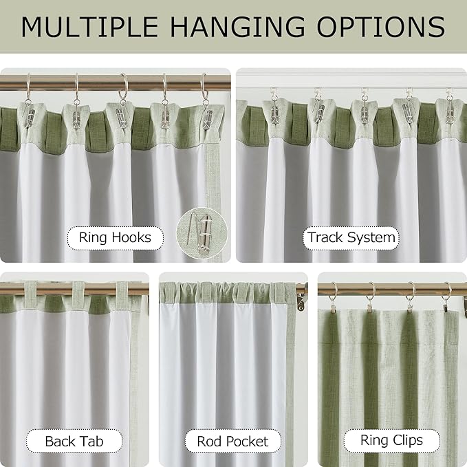Vision Home Green Linen Full Blackout Curtains 95 inch Long for Bedroom Living Room Darkening Light Blocking Window Panels Thermal Insulated Rod Pocket Back Tab Neutral Drapes 56" Wx95 Lx2