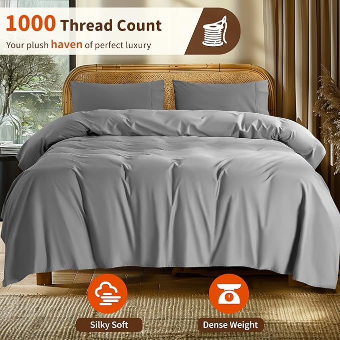 LBRO2M 100% Cotton Sheets Set Deep Pocket 24", 1000 Thread Count California King Size 4 Piece Bed Sheet Sets Soft Comfortable Bedding All Season (California King, Gray)