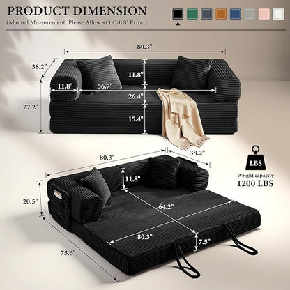 Boneless Couch Folding Couches for Living Room Sofa, Futon Sofa Bed with Sleeper Sofa, Futon Couch with Fixed-Shape Oversized Corduroy Upholstered (Black, 81 Inches)