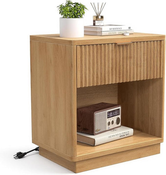 Miereirl Fluted Nightstands with Charging Station, LED Nightstand with Metal Handle Drawers, Natural-CP-1