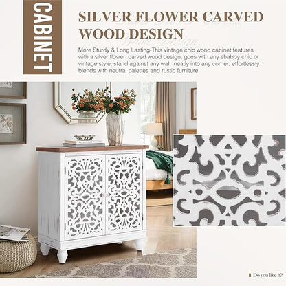 PHI VILLA White Accent Cabinet with Doors, Farmhouse Buffet Sideboard Hollow Carved Small Cabinets