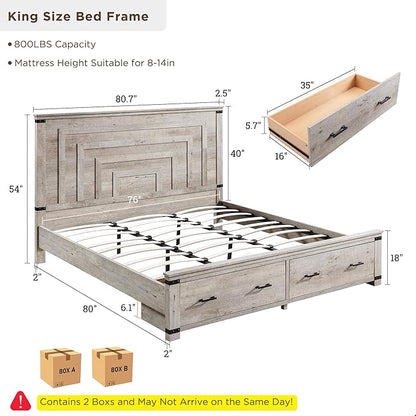 T4TREAM Farmhouse King Size Bed Frame with 54" Tall Geometric Headboard & 2 Large Storage Drawers, Rustic Wood Platform Bed with Wood Slats Support, No Box Spring Needed, Light Rustic Oak