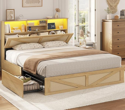 VIAGDO Rattan Bed Frame Queen Size with Bookcase Storage Headboard, Charging Station and LED Lights, Wooden Queen Bed Frame with 4 Drawers, Barn Door Design, No Box Spring Needed, No Noise, Natural
