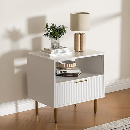 White Nightstand Set of 2, Modern Nightstand with Drawer, End Table with Storage, Bed Side Table with Open Space for Bedroom, Living Room, White