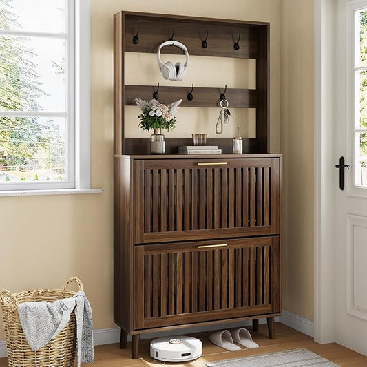 Upgraded 62.99“ Tall Shoe Cabinet with Rack and 7 Hooks, Flip-Down Slatted Drawer Shoe Storage & Coat Rack, Narrow Entryway Shoe Organizer, Walnut