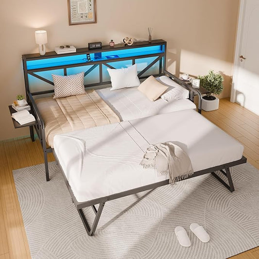 Daybed with Trundle, Heavy Duty Metal Twin Bed Frame with LED Lights & 2-Tier Storage Shelves, Sofa Day Bed with Charging Station & Tabletop for Living Room, Bedroom, Guest Room (Black)