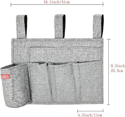 Linen Bedside Caddy, Bedside Storage Organizer for Hospital Beds, College Dorm Rooms or Baby Bed (5 Pockets-Grey)