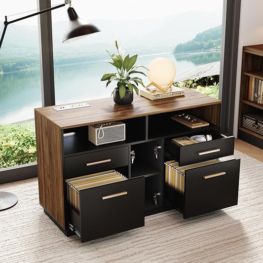 4 Drawer File Cabinet, Wood Filing Cabinet for Home Office with Lock, Power Strip, Storage Shelves, Home Office Lateral File Storage Fits Legal/Letter Size, Black Walnut