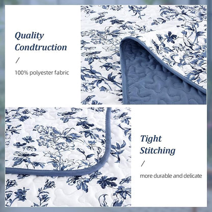 WONGS BEDDING Quilt Full Size, Blue Quilt Bedding Set with 2 Pillowcases, Botanical Quilt for Full Bed, Soft Microfiber Lightweight Coverlet Bedspread for All Season (78"×90", 3 Pieces)