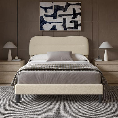 Full Size Bed Frame, Upholstered Cloud Bed Frame with Headboard, Teddy Soft Rounded Corners Boucle Fabric Bed Frame Full, Modern Style, Beige