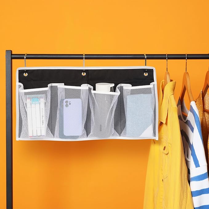 Bed Hanging Shoe Organizers with 3pcs Hooks, 4 Mesh Pocket Bedside Hanging Shoes Holder, Behind Door Storage Pockets for RV Dorm Entryway Bedroom Closet