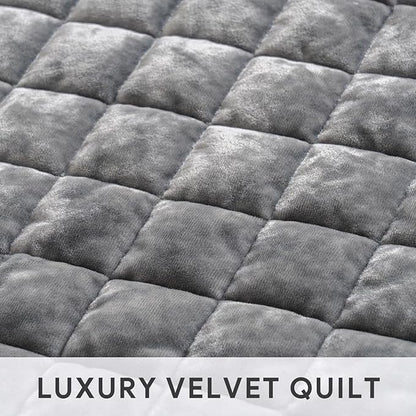 RECYCO Luxury Velvet Quilt Set King Size, Lightweight Velvet Comforter Set, Oversized Bedspread Coverlet Quilted Bedding Set, with 2 Matching Pillow Shams, for All Season, Gray