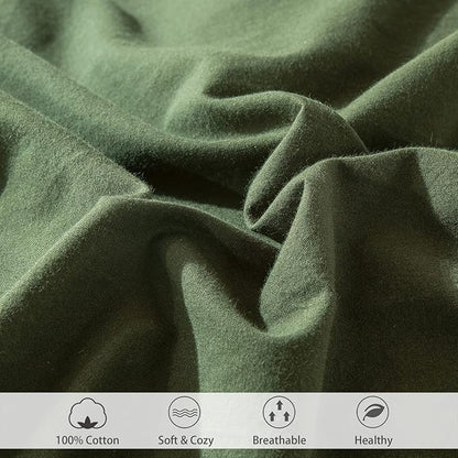 MooMee Fitted Bottom Sheet Only 100% Washed Cotton Linen Like Textured Breathable Durable Soft Comfy Deep Pocket Fits Mattress up to 17" (Olive Green, King)