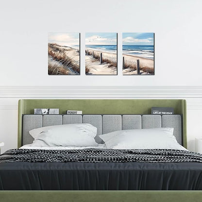 Blue Beach Canvas Wall Art for Living Room Bedroom Bathroom Nature Landscape Pictures Modern Wall Artwork 3 Pieces Coastal Wall Art Framed Canvas Prints 12x16 Inch
