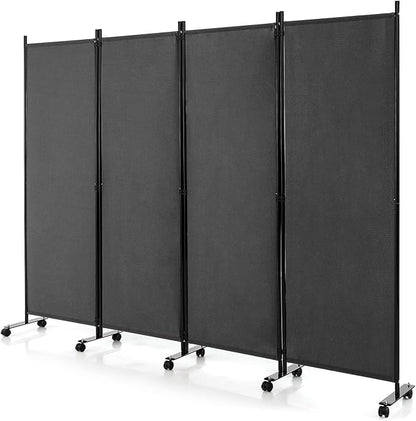 GOFLAME 4 Panel Folding Room Divider, 6FT Rolling Privacy Screen with Lockable Wheels, Portable Room Partition Screen, Freestanding Wall Divider and Separator for Home Office, Grey