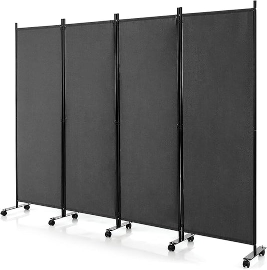 GOFLAME 4 Panel Folding Room Divider, 6FT Rolling Privacy Screen with Lockable Wheels, Portable Room Partition Screen, Freestanding Wall Divider and Separator for Home Office, Grey